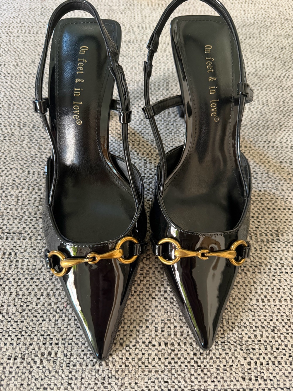 On Feet & In Love Black Patent Slingback Flats with Gold Bit